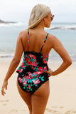 2pcs maillot de bain tankini rose à volants imprimé feuille verte