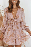 Deep V Neck Lantern Sleeve Knotted Tiered Mini Dress