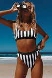 Athletic Striped High Waisted Bathing Suits For Women