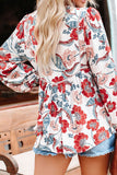 Split Neck Bubble Sleeve Floral Pacthwork Blouse