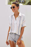 V Neck Striped Shirt Roll up Sleeve Button Down Tops