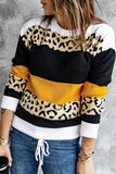 Women's Jumper Tops Crewneck Leopard Color Block Knit Pullover Sweater