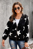Women's Camo Stars Print Zipper Fleece Hooded Coat with Pockets