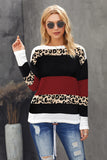Women's Jumper Tops Crewneck Leopard Color Block Knit Pullover Sweater