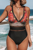 Women's One Piece Swimsuit Floral Leopard Print Color Block Mesh Bathing Suits