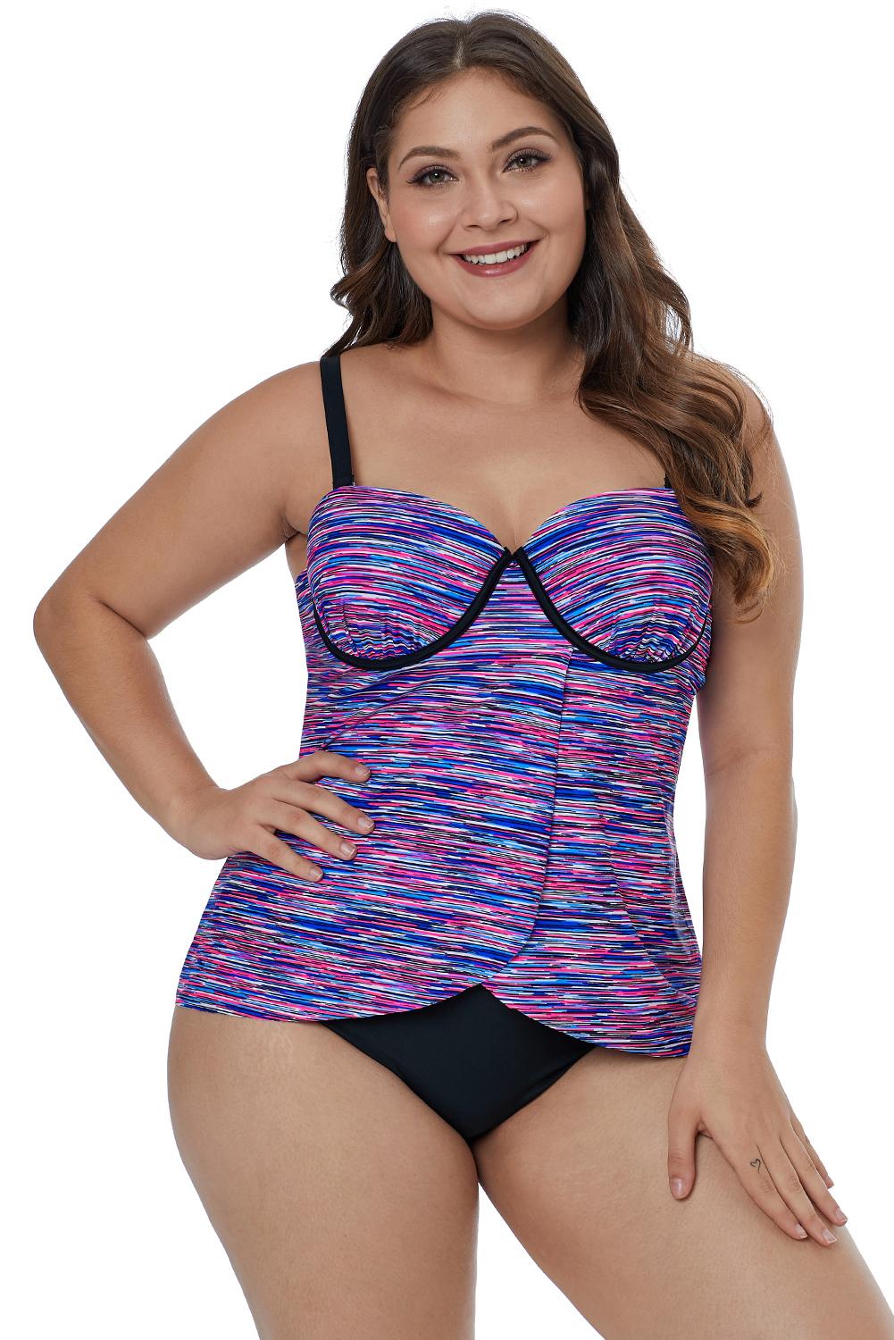 Women's Plus Size Tummy Control Striped Flyaway Tankini Top Swimsuit with Triangle Briefs