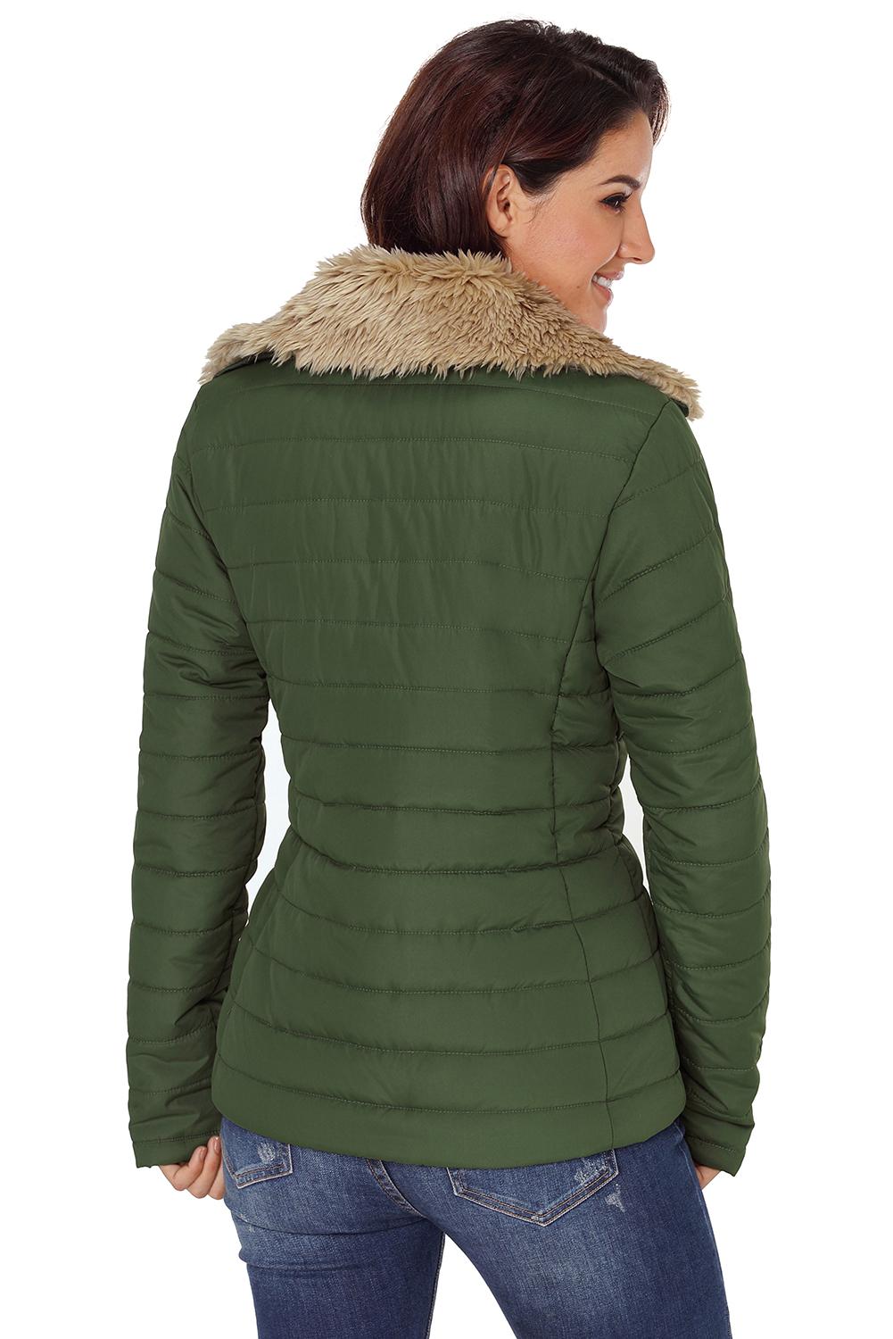 LC85117-9XXL, LC85117-9XL, LC85117-9L, LC85117-9M, LC85117-9S, Broute Green Winter Coats for Women Camel Faux Fur Collar Trim Black Quilted Jacket Outerwear