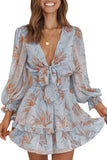 Deep V Neck Lantern Sleeve Knotted Tiered Mini Dress