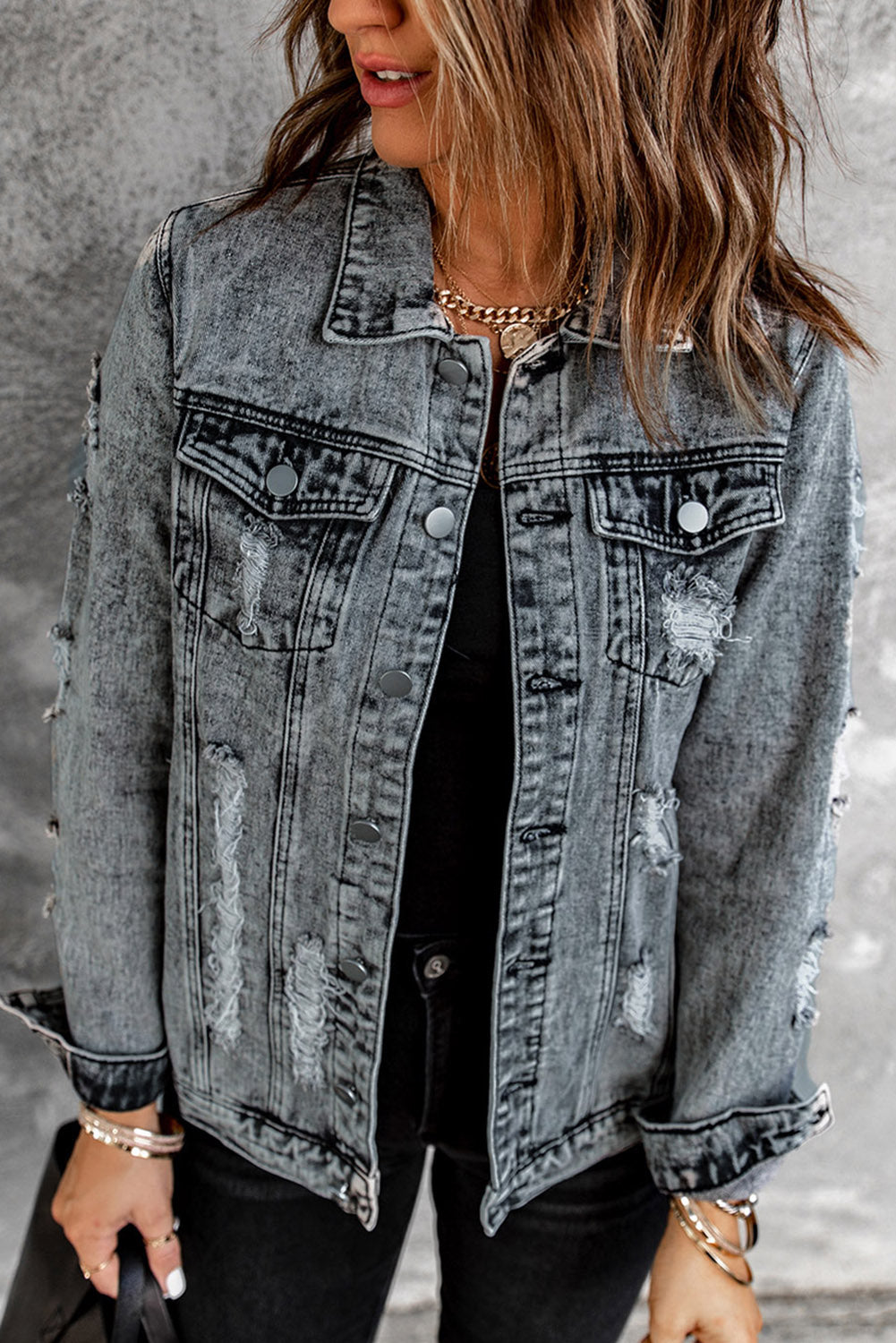 Women's Light Blue Washed Full Sleeves Buttoned Denim Jacket Crafted with  Pearls |