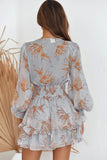 Deep V Neck Lantern Sleeve Knotted Tiered Mini Dress