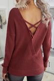 Women's Crew Neck Backless Knitted Pullover Cross Back Sweater