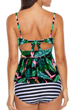 2pcs maillot de bain tankini rose à volants imprimé feuille verte