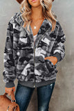 Women's Camo Stars Print Zipper Fleece Hooded Coat with Pockets