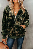 Women's Camo Stars Print Zipper Fleece Hooded Coat with Pockets