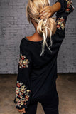 Floral Embroidery Crew Neck Long Sleeve Tops