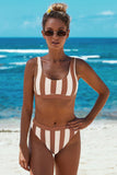 Athletic Striped High Waisted Bathing Suits For Women