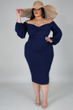 Women's Long Sleeve V Neck Midi Dress Front Knot Plus Size Bodycon Dresses