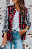 Plaid Splicing Hit Color Pockets Turndown Collar Long Sleeve Shirt