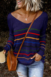 Women's Loose Fit Knit Sweater Multicolor Striped Pullover Top