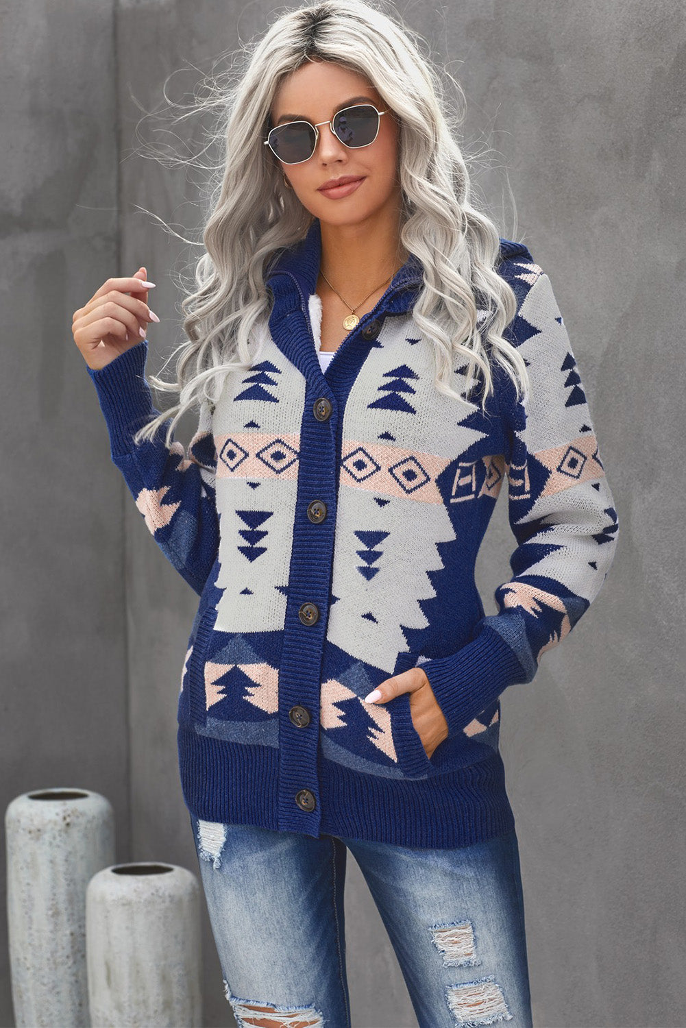 Women Jacquard Knit Cardigans Buttoned Front Hooded Sweater