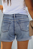 High Rise Button Fly Distressed Denim Shorts