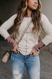 Waffle Knit Colorblock Buttoned Cuff Long Sleeve Blouse