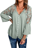 Bell Sleeve Crochet Lace Button V Neck Top