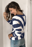 Women's V Neck Striped Color Block Knitted Pointelle Sweater