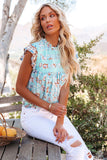 Floral Print Ruffled Crew Neck Sleeveless Top