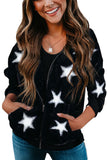 Women's Camo Stars Print Zipper Fleece Hooded Coat with Pockets