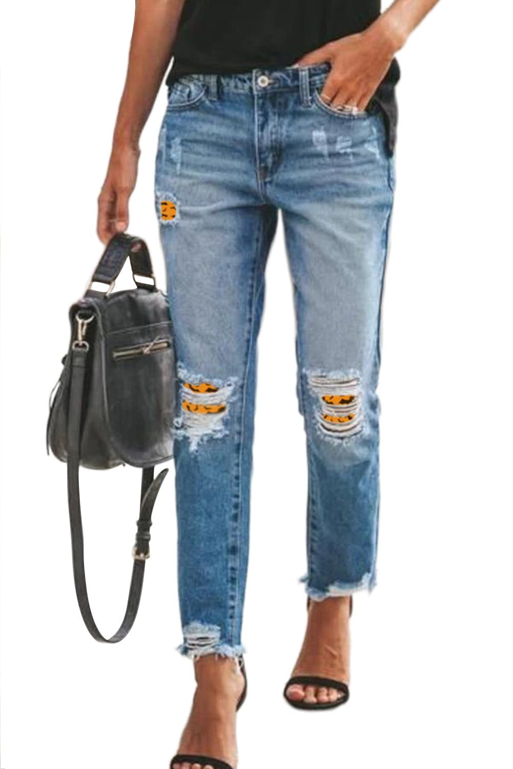 Patchwork Hollow Out Frayed Hem Ripped Jeans