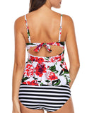 2pcs maillot de bain tankini rose à volants imprimé feuille verte