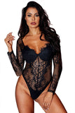 LC32466-2-S, LC32466-2-M, LC32466-2-L, Black Women's Underwire Floral Lace Long Sleeve Bodysuit Mesh Sheer V Neck Top