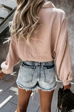 Solid Color Button Crinkled V Neck Shirt