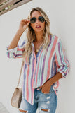 Striped Long Sleeve Top Button Down Shirt For Women
