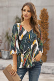 Womens V Neck Print Bell Sleeve Blouse