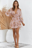 Deep V Neck Lantern Sleeve Knotted Tiered Mini Dress