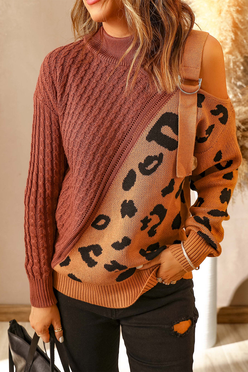 Women's Cold Shoulder Leopard Pullover Asymmetrical Buckle Sweater
