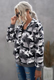 Women's Camo Stars Print Zipper Fleece Hooded Coat with Pockets
