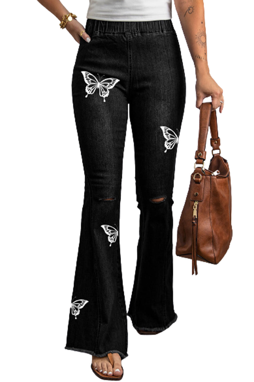 Butterfly Print Distressed Elastic High Waist Flare Jeans