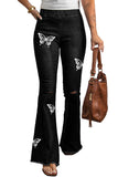 Butterfly Print Distressed Elastic High Waist Flare Jeans