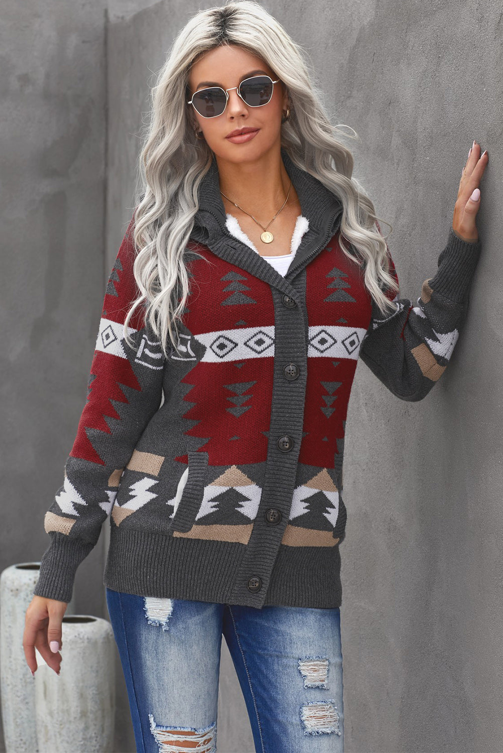 Women Jacquard Knit Cardigans Buttoned Front Hooded Sweater