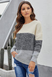 Women's Long Sleeve Crew Neck Striped Color Block Oversized Knitted Pullover Sweater