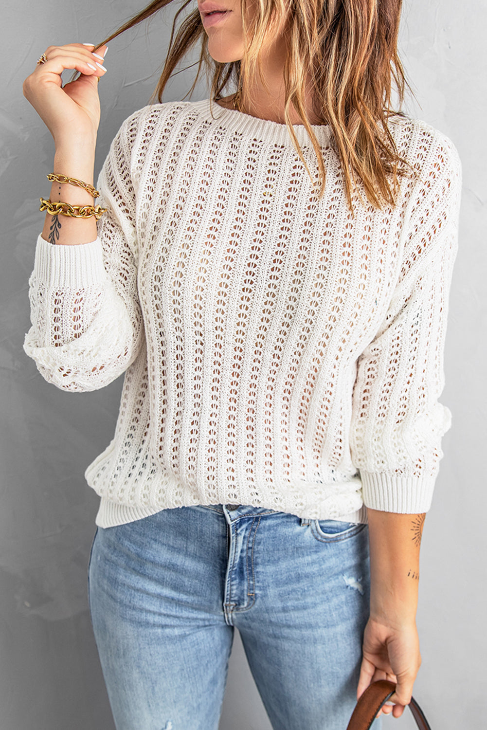 Womens White Pullover Top Hollow Out Drop Shoulder Knitted Sweater