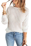 Womens White Pullover Top Hollow Out Drop Shoulder Knitted Sweater