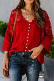 Bell Sleeve Crochet Lace Button V Neck Top