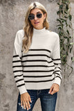 Women's Button Shoulder Striped Sweater Mock Neck Long Sleeve Knit Pullover Jumper Tops