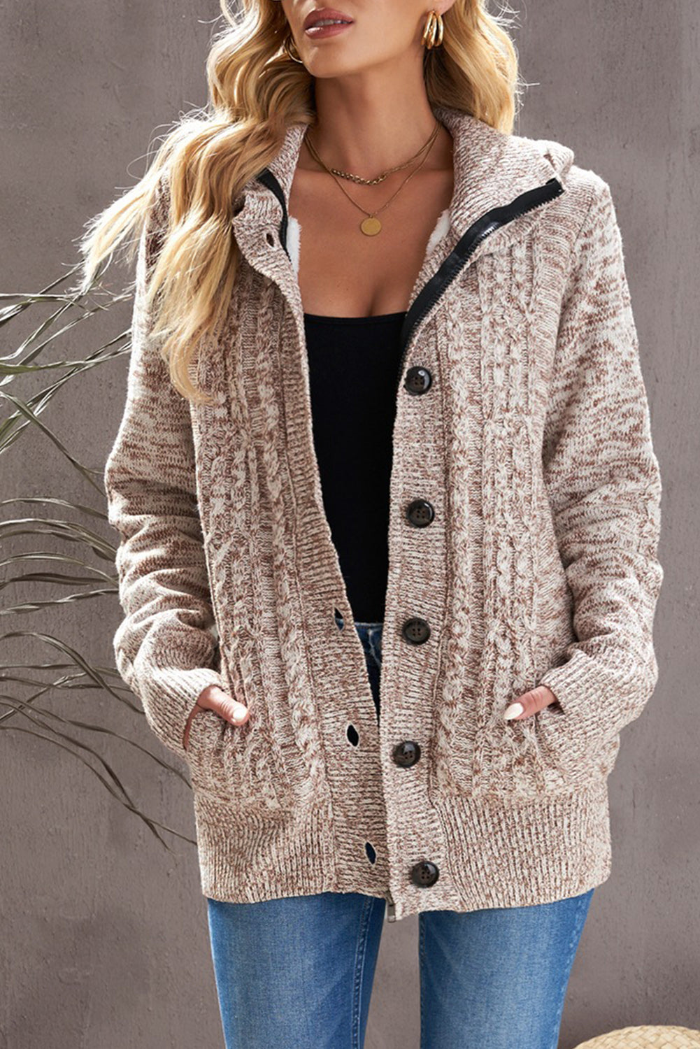 Women Hooded Cable Knit Cardigan Long Sleeve Button-up Chunky Coat with Pockets