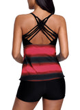 Womens 2 Piece Bathing Suit Criss Cross Back Color Block Print Tankini Swimsuit