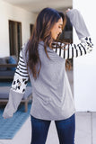 Striped Animal Print Colorblock Long Sleeve Top